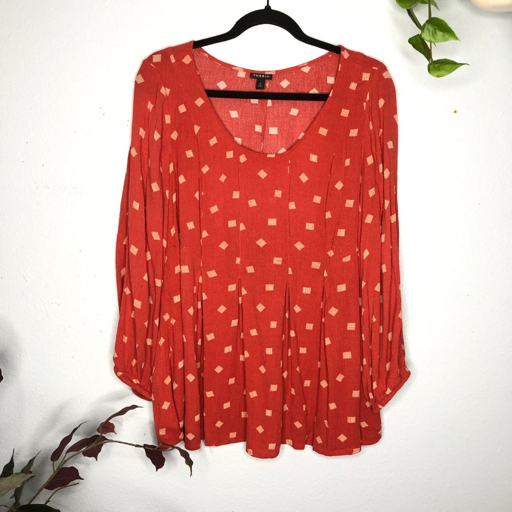 Torrid Cranberry Red Diamond Dots Crinkled Gauze Fit & Flare Top Large Blouse - Picture 2 of 10
